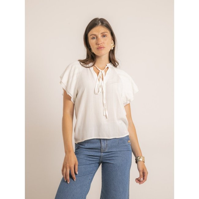 Top Fluide Manches Courtes Volantées Fabea blanc <span itemprop=