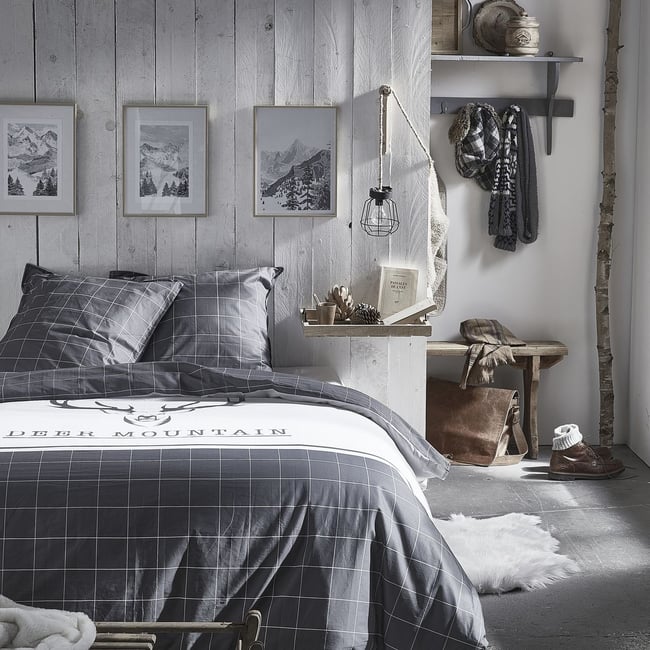 Parure de lit imprimé a carreaux coton MOUNTAIN gris <span itemprop=