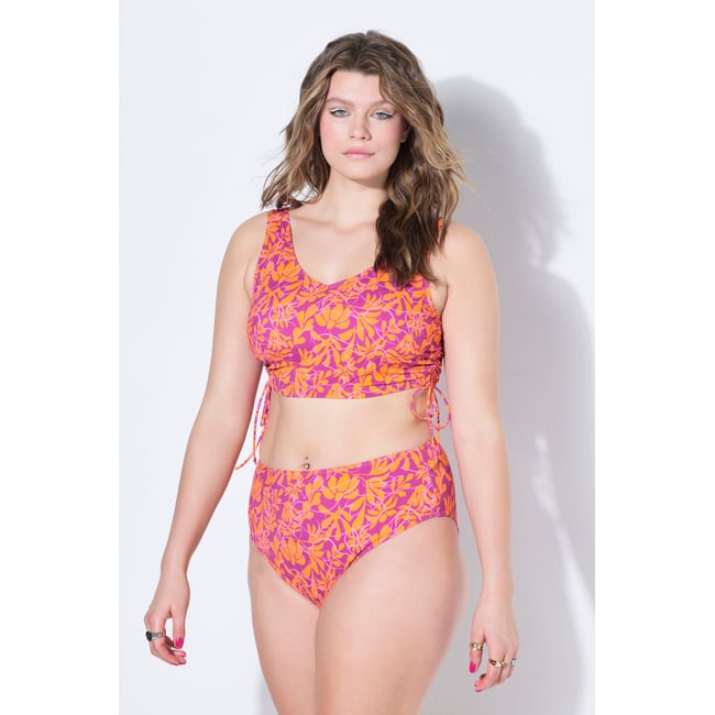 Haut de bikini, bonnets souples, fleurs néon orange <span itemprop=