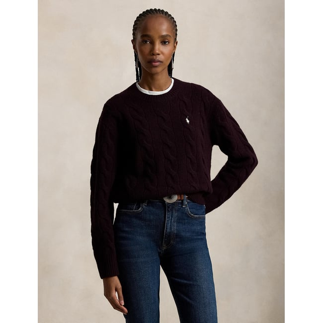 Pull col rond torsadé, 90% laine 10% cachemire bordeaux <span itemprop=