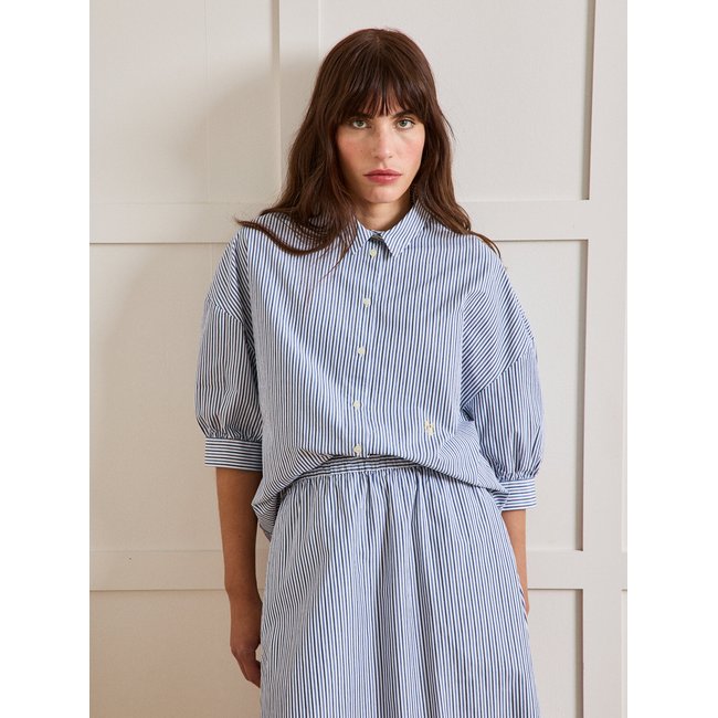 Chemise manches 3/4 ballon coton rayé rayure bicolore bleu <span itemprop=