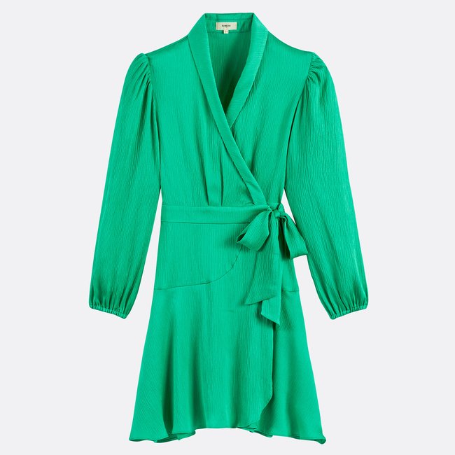 Kurzes Wickelkleid CLUN mit langen Ärmeln grün <span itemprop=