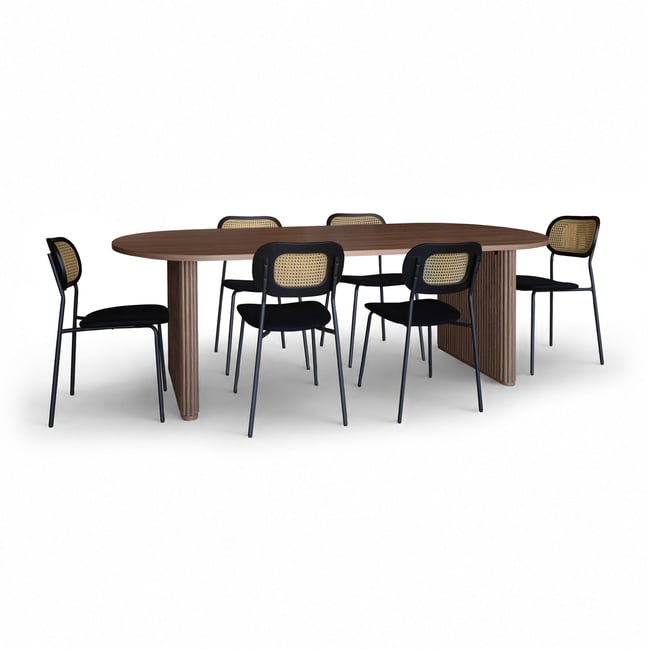 Table ovale effet bois 230cm + 6 chaises en rotin et velours Couleur noyer / noir <span itemprop=