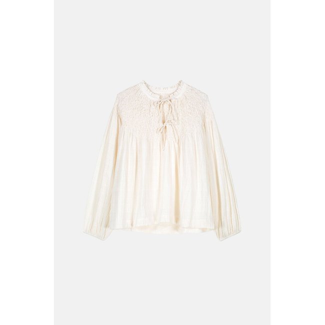 Nicoletta Embroidered Blouse with Crew Neck and Long Sleeves, ecru, LOUISE MISHA