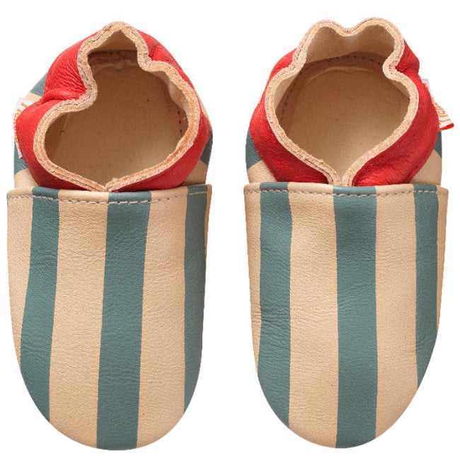 Chaussons bébé cuir souple rayures bleu <span itemprop=
