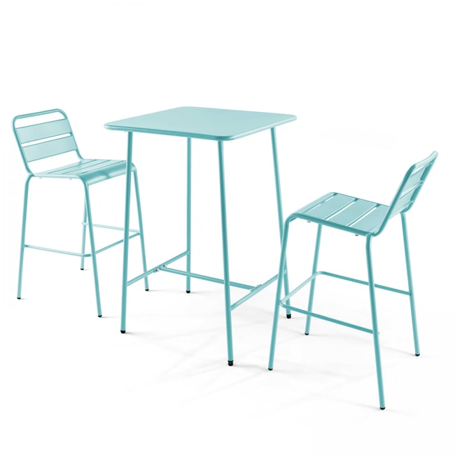 Salon de jardin table de bar et 2 chaises en acier, PALAVAS bleu turquoise <span itemprop=