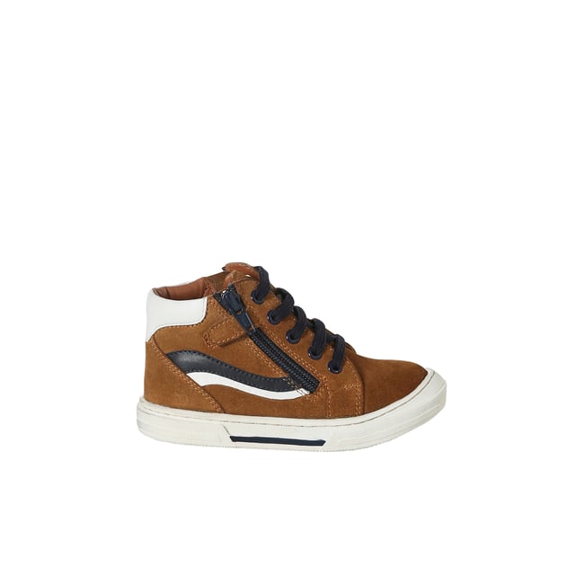 Chaussures enfant cuir montantes zippées et lacées marron <span itemprop=