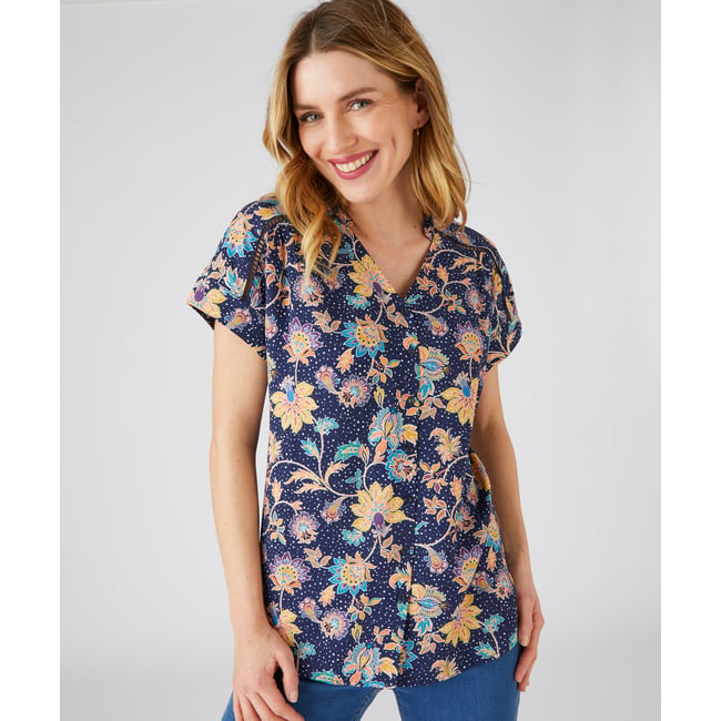Chemisier imprimé fleurs bleu marine floral <span itemprop=