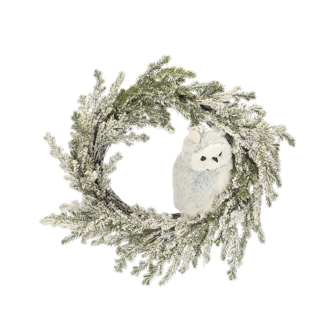 55cm Nordic Lights Snow Flocked Wreath with Owl, green, SO'HOME