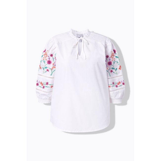 Blouse brodée, col tunisien, manches 3/4 blanc neige <span itemprop=