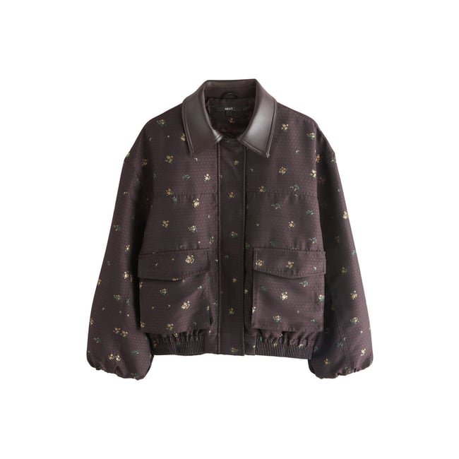 Blouson aviateur à petites fleurs marron chocolat <span itemprop=