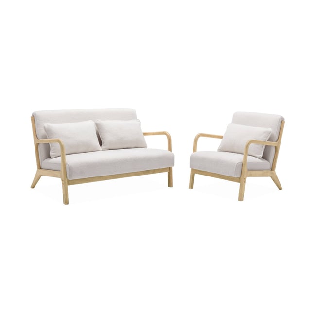 Banquette scandinave 2 places + Fauteuil bois et bouclette LORENS Couleur crème <span itemprop=