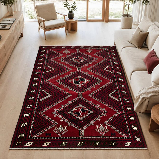 Tapis d'orient, motif oriental, noué à la main en laine, LORI 1 Couleur rouge, crème, noir <span itemprop=