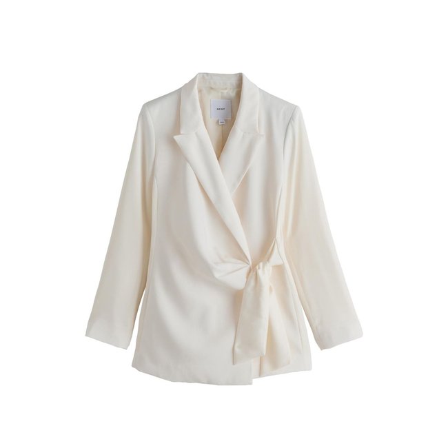 Blazer portefeuille en satin écru <span itemprop=