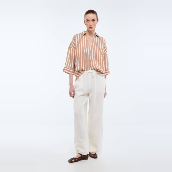 Pantalon large à taille élastiquée en lin - MONOPRIX