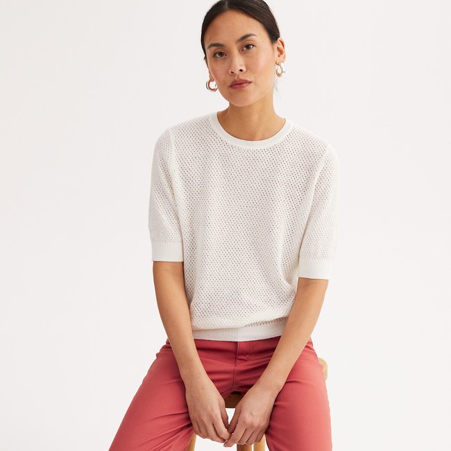 Linen/Cotton Crew Neck Fine Pointelle Knit Jumper, ecru , ANNE WEYBURN