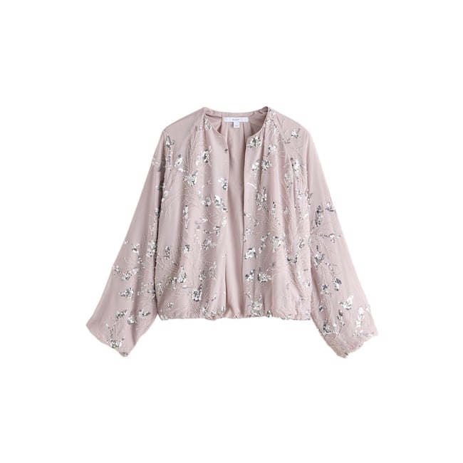 Blouson aviateur argent à sequins <span itemprop=