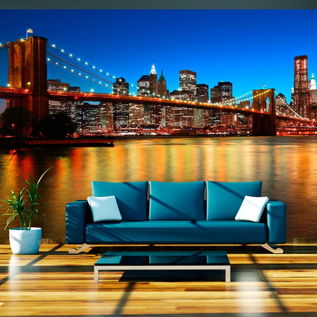 Papier peint intissé panoramique Ville et Architecture Pont de Brooklyn au crépuscule - New York Couleur bleu <span itemprop=