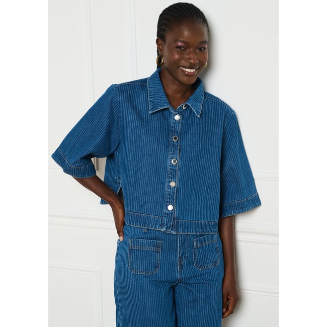 Chemise denim rayée medium blue <span itemprop=