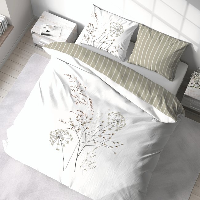 Parure de lit 3 pièces à fleurs verso rayures blanc <span itemprop=