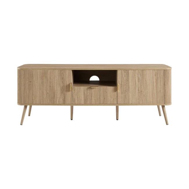 Meuble TV 2 portes avec façades lames arrondies - MAHO Couleur bois clair <span itemprop=
