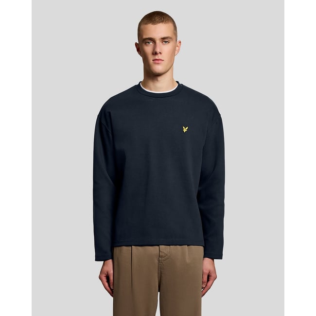 Sweat-shirt col rond jacquard en relief bleu foncé marine <span itemprop=
