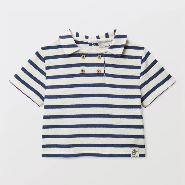 T-shirt manches courtes à col rayé en coton BIO GOTS porcelaine <span itemprop=