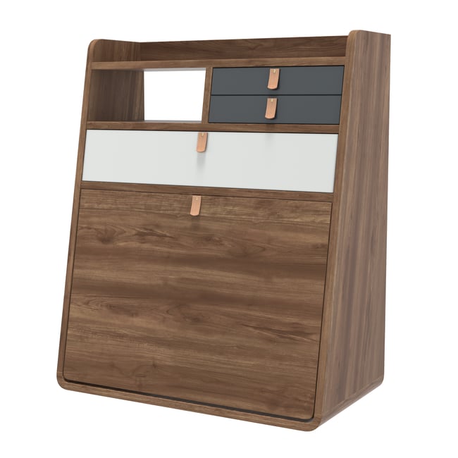 Bureau secrétaire mural en noyer GASTON Couleur noyer et gris <span itemprop=