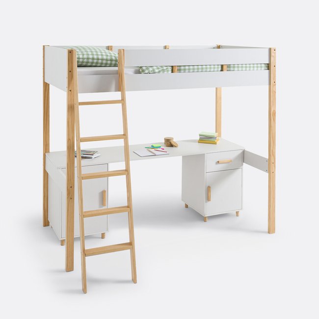 Stoki High Sleeper Bed with Desk, white/wood, LA REDOUTE INTERIEURS