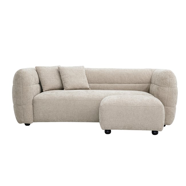 Canapé 3 places et repose pieds en tissu effet velours texturé beige JOYA Couleur beige <span itemprop=