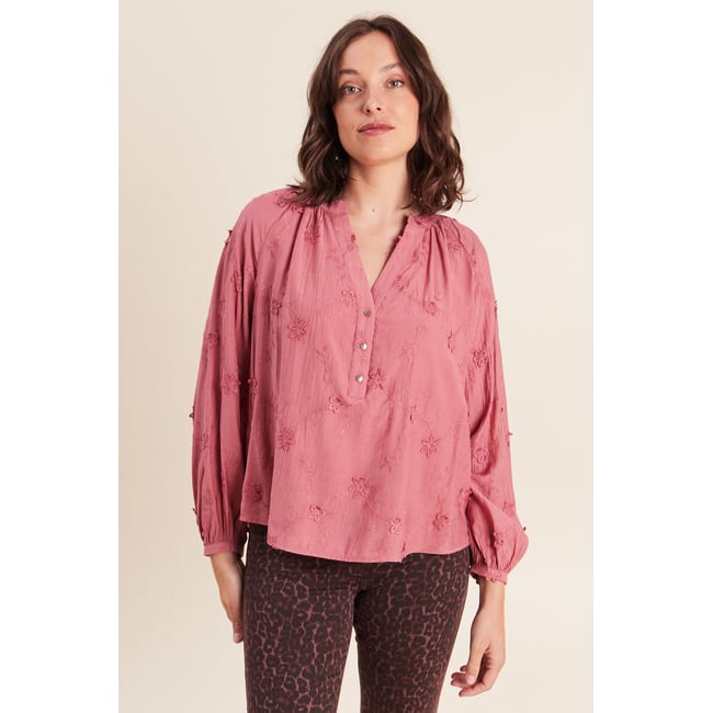 Blouse ample manches longues brodée mauve <span itemprop=
