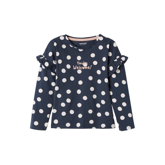 Tee-shirt à message manches volantées bleu à pois <span itemprop=