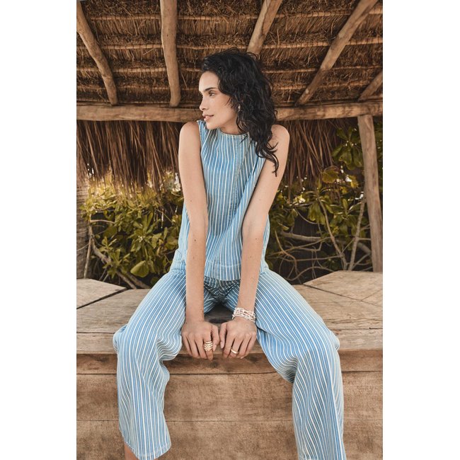 Jean droit et cropped à rayures en coton mélangé ROSIE bleu <span itemprop=