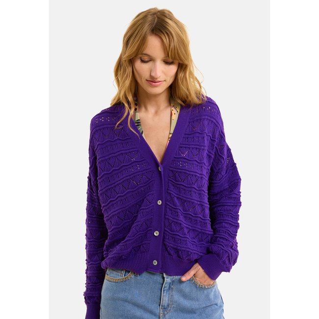 Cardigan violet tricot ajouré fantaisie violet foncé <span itemprop=