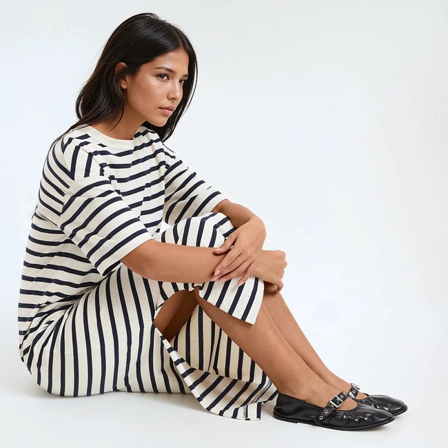 Striped jersey maxi dress with shoulder buttons, navy/ecru striped, La  Redoute Collections | La Redoute