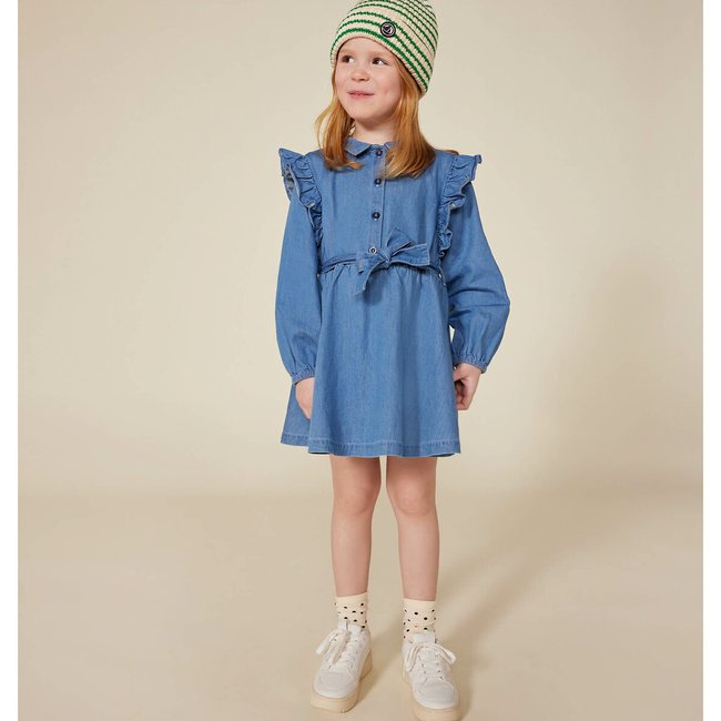 Jurk met lange mouwen in licht denim <span itemprop=