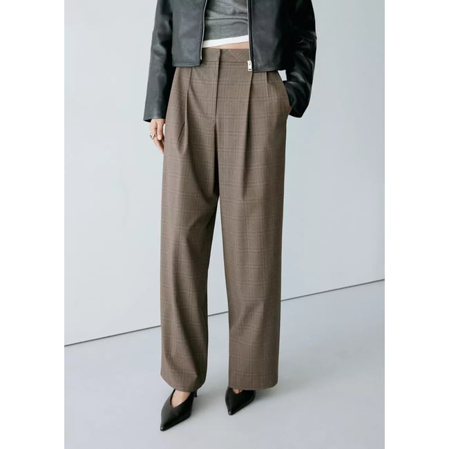 Pantalon à pinces imprimé à carreaux marron <span itemprop=