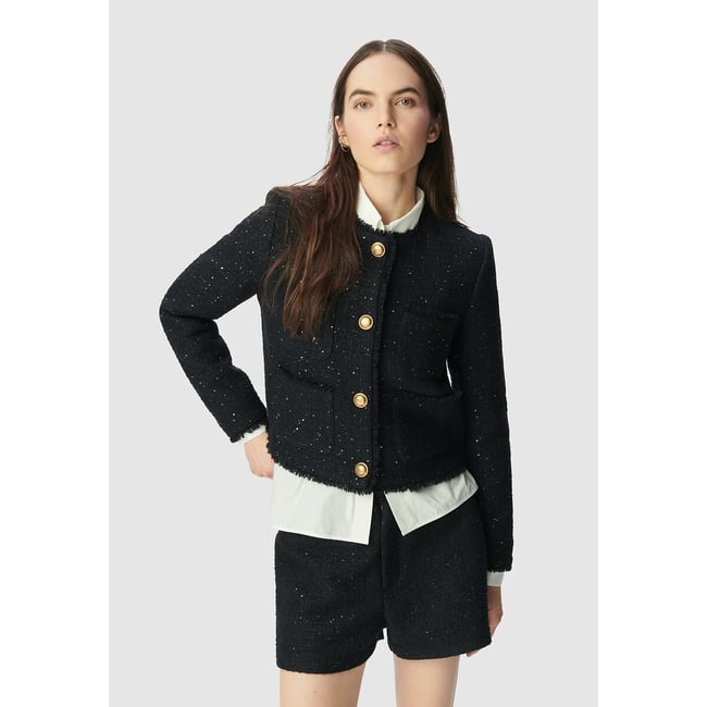 Veste courte effet tweed et sequins brodés marine <span itemprop=
