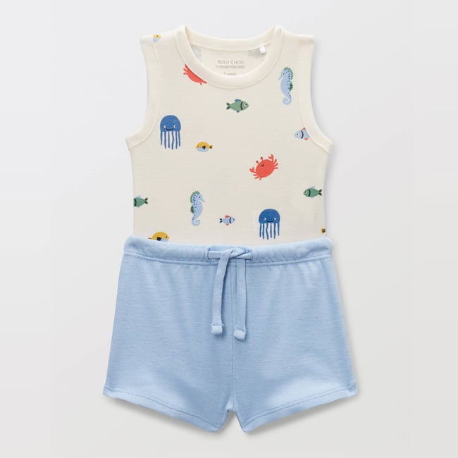 Ensemble body imprimé et short uni en coton BIO GOTS naturel <span itemprop=