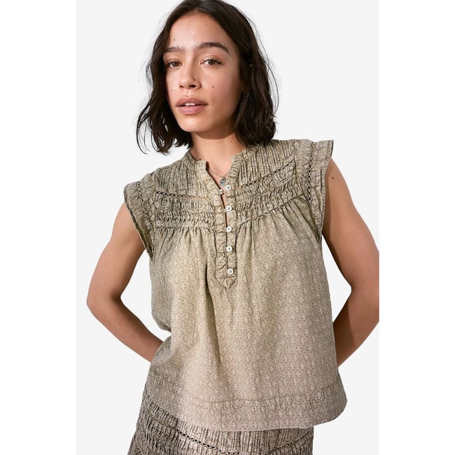 Blouse sans manches à motif jacquard vert <span itemprop=
