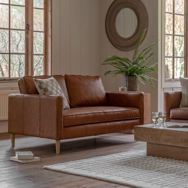 Groton Mid-Century 2 Seater Vintage Leather Sofa with Solid Wood Legs, brown, SO'HOME