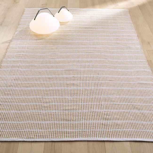 Tapis extérieur polyester recyclé, Linear Couleur naturel/blanc <span itemprop=