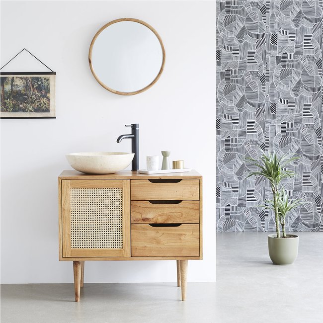 Meuble de salle de bain en mindi massif et cannage 85 cm  HANA Couleur naturel <span itemprop=