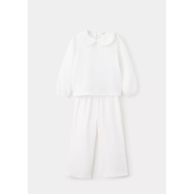 Pyjama complet en coton texturé blanc cassé <span itemprop=