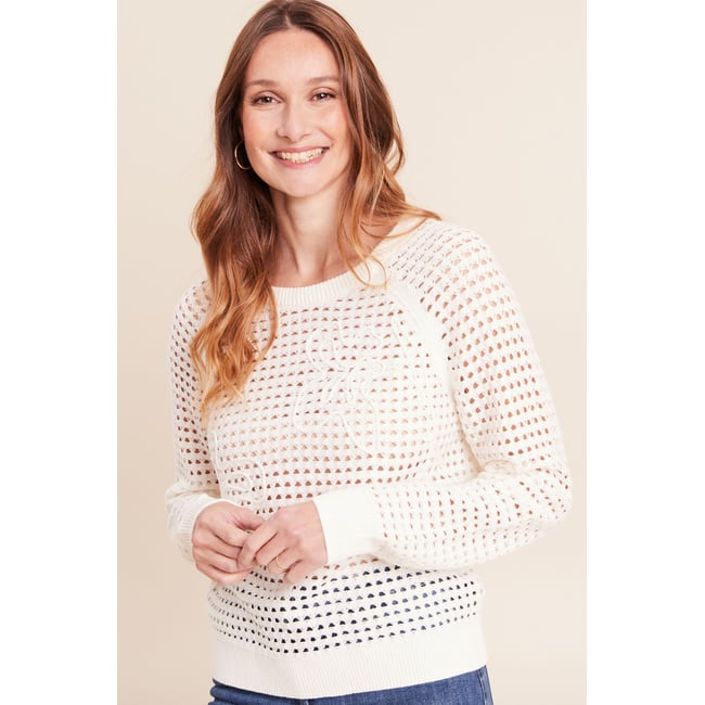 Pull col rond manches longues dentelle ecru <span itemprop=