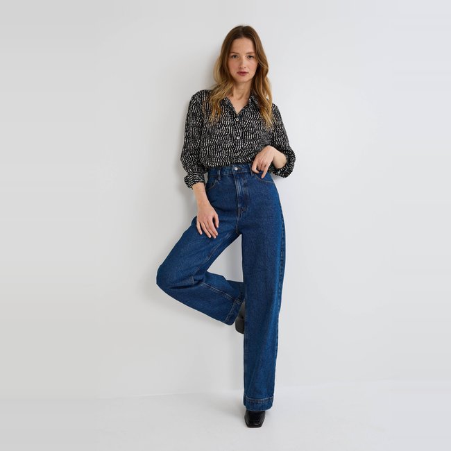 Chemise manches longues imprimée en soie noir <span itemprop=