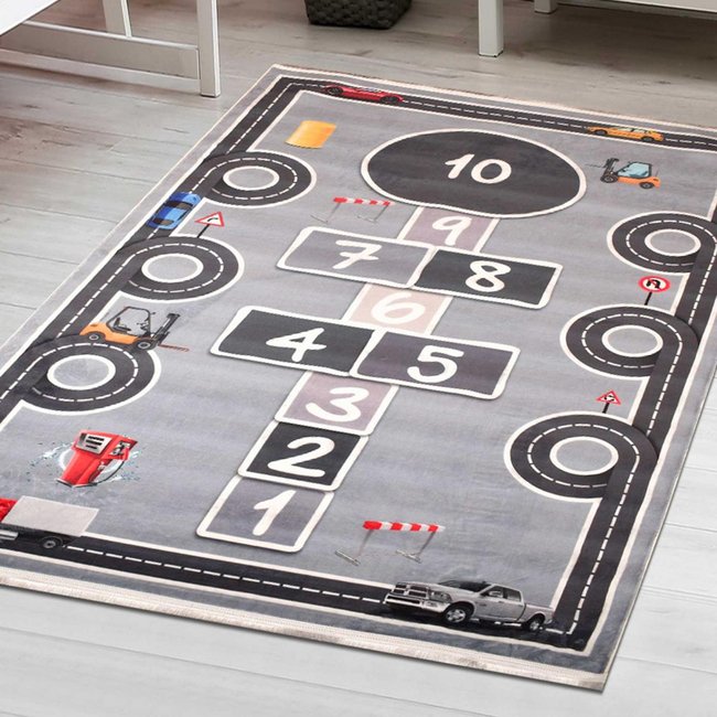 Tapis enfant MAREL, très doux et facile d'entretien Couleur gris, blanc, jaune <span itemprop=