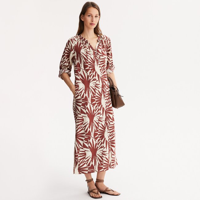 Robe droite imprimé graphique, longue, manches 3/4 imprimé fond ivoire <span itemprop=