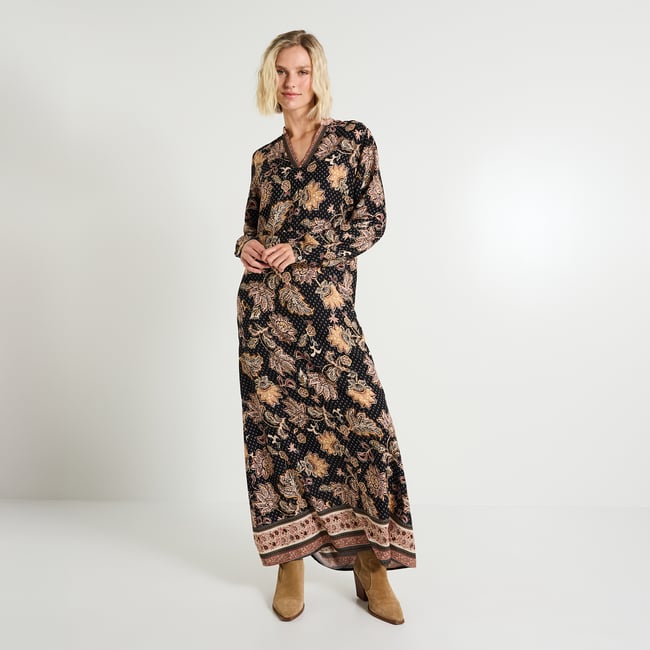 Robe longue imprimé fleuri à col V noir <span itemprop=