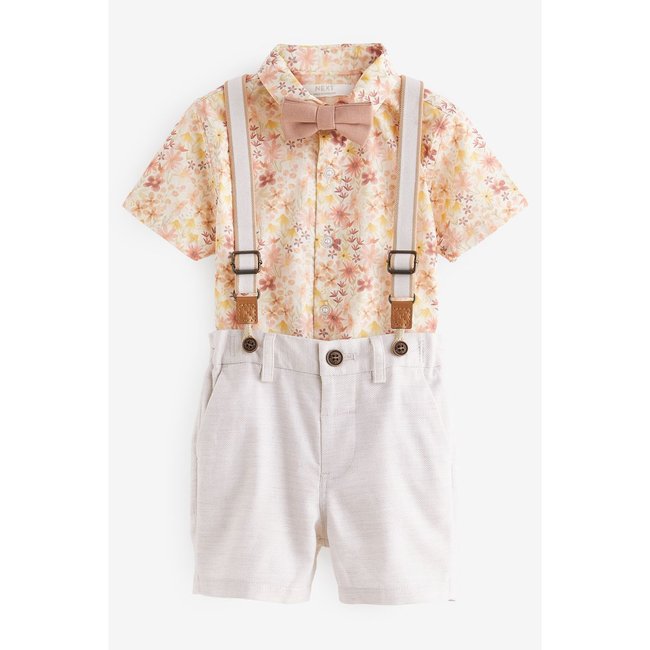 Chemise short brelles nœud papillon, ensemble motif floral rose/crème <span itemprop=